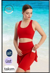 Resim Kadın Takım Alt - Üst Biker Şort Diz Üstü &crop Bra Ped Destekli Denizde Havuzda Sporda Kırmızı Kırmızı 
