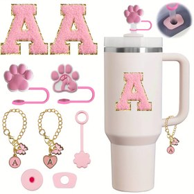 Resim 9 parçalı Evrensel PPSU Bardak Aksesuar Seti, 30oz/40oz Spor Su Şişesi için Karikatür Pipetli Kapak, Dekoratif Çıkartmalar ve Baş Harf Büyüsü ile 