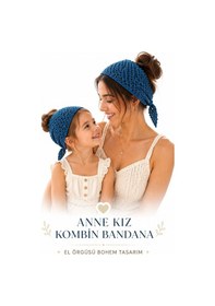 Resim Anne Kız Kombin Bandana El Örgüsü Saç Bandı Bohem Stil Ayarlanabilir 2li Set Lacivert 