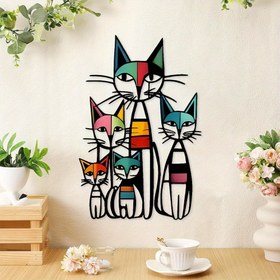 Resim 1 adet Modern Kedi Ailesi Metal Duvar Sanatı - Renkli Geometrik Tasarım, Siyah Kontur, Oturma Odası İçin Kapı Dekoru, Mükemmel Yeni Ev Hediyesi veya Doğum Günü Hediyesi 