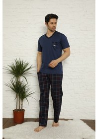 Resim Erkek V Yaka Ekose Desen %100 Pamuk Kısa Kol Cepli Pijama Takımı İndigo 