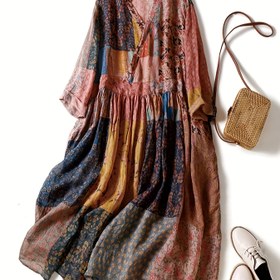 Resim Büyük Beden, Kadınlar için V Yaka ve Türk Kafe Stili Bohem Maksi Elbise - Pembe 