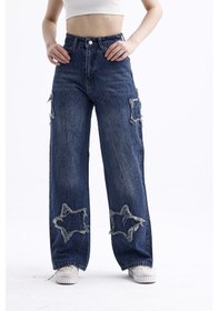 Resim 2424 Kadın Yıldız Detaylı Baggy Jeans Kot Denim Pantolon Mavi 