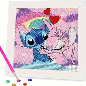 Resim 1 Adet Disney Stitch Kalp Sarılma Temalı Elmas Boyama Seti, Mavi & Pembe Tam Taşlı Kristal Kağıt Şekilli, Klasik Tarz Plastik Figür Dekorasyonu, Minimalist Ev Dekoru İçin, Mükemmel Sevgililer Günü Hediyesi 