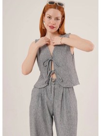 Resim Defymoda Ön Bağlama Detaylı Yelek Ve Pantolon Antrasit İkili Takım Siyah 