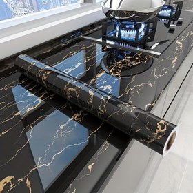 Resim Premium Siyah Altın Mermer Desenli Kendinden Yapışkan Duvar Kağıdı, Yıkanabilir Şekiller ve Çizgiler Stili, Isı ve Yağ Dirençli Mutfak Duvar Kağıdı, Ev Dekoru Çıkarıp Yapışkan Duvar Kapağı, 300x60cm 