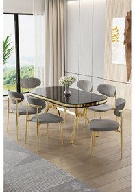 Resim Canisa Olya Serisi 90x168 Lak Panel Sonata Masa Takımı Gold Ayaklı 6 Gri Sandalye Sonata Masa Gri Sandalye 