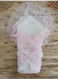 Resim Bal Peteği My Princess Taç Nakış İnci Fiyonklu Dantel Duvaklı Delüks Kundak Bebek Battaniyesi Pembe 