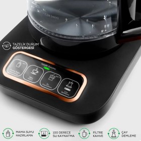 Resim Karaca Çaysever Robotea Pro 4 In 1 Konuşan Otomatik Premium Cam Çay Makinesi Su Isıtıcı ve Filtre Kahve Demleme Makinesi 2500W Black Copper 