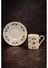 Resim 2 Kişilik Porselen Nazar Göz Kahve Fincan Takımı Seti 90ml Beyaz 