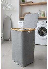 Resim Bambu Çerçeveli 75 Litre Kapaklı Katlanabilir Kirli Çamaşır Sepeti, 60x40x30 Gri 