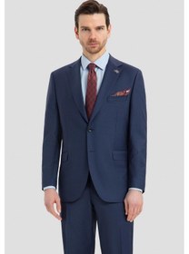 Resim Sabri Özel Erkek Açık Lacivert Dar Kesim Slim Fit Yünlü Çizgili Fleto Kapaklı Cep Çift Yırtmaçlı Tam Astarlı Mono Yaka 4 Drop Takım Elbise 
