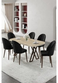 Resim Canisa Kaye Serisi Mdf 90x168 Traverten Mutfak Masası Takımı 6 Siyah Sandalye Traverten Masa Siyah Sandalye 