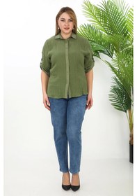 Resim Lady Majestic %100 Cotton Büyük Beden Kadın Müslin Kumaş Gömlek Haki 