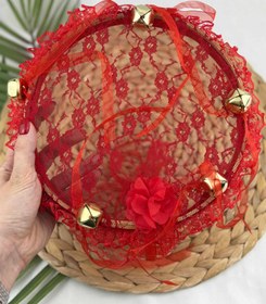 Resim Lüks Dantel 3D Çiçek Kurdele Süslemeli Zilli Gelin Nedime Tefi - Kırmızı 
