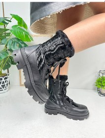 Resim Günlük Kadın Kar Botu Kürklü Bağcıklı Fermuarlı Rahat Yüksek Kalın Tırtıklı Taban Bootie 7441 Siyah 