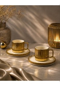 Resim 2 Kişilik Porselen Çizgili Modern Kahve Fincanı Takımı Seti 100ml Gold 