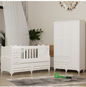 Resim Garaj Home Öykü 3 Kapaklı Dolap Ve 5 Çekmeceli Country Beşik Beyaz 