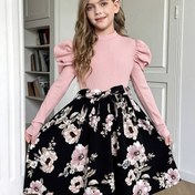 Resim Kızlar için Uzun Kollu Sonbahar ve Kışlık Elbise, Şık Pembe Çiçek Baskılı Kelebek Kolları, Ayarlanabilir Kurdele Kemeri ve Çiçekli Etek Tasarımı - Geziler ve Aktiviteler İçin Mükemmel 