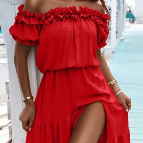 Resim Şık Omuzlu Ruffle Elbise Kadınlar İçin - Canlı Turuncu, Ruffle Detaylı A-Line Siluet, Bahar/Yaz İçin Mükemmel, Rahat Formal Giyim, Rahat Formal Elbise | Ruffle Detaylı Elbise | Polyester Kumaş 