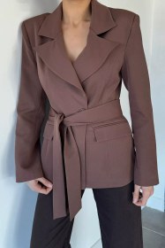 Resim Kadın Kruvaze Yaka Kuşaklı Blazer Ceket Kahve TZL-P-00020760 