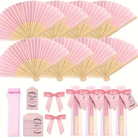 Resim Toplam 4/20/40 Adet, Pembe Kurdeleli Ahşap Katlanır Yelpazeler ve Hediye Çantası Seti, Gelin Duşu Dekorasyonları için El Tipi Kelebek Fanlarda, Mükemmel Evlenme Teşekkür Kartları ile Birlikte, İdeal Parti Aksesuarı, Şık Davetler ve Etkinlikler için Harika 