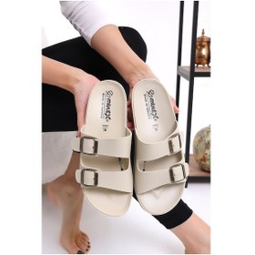 Resim Mlx 10651 Çift Toka Kadın Terlik Comfort Anatomik Kadın Ev Dışarı Terliği Bej 
