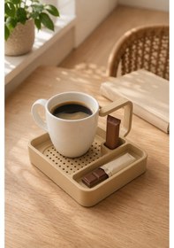 Resim Kahve Sunum Tepsisi Çok Bölmeli Masa Üstü Organizer Kupa Fincan Standı Pla 12.5x11x7 Cm Krem Bej 