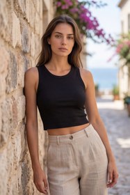 Resim Premium Pamuklu Kumaş Kadın Siyah Crop Atlet - U Yakalı Spor ve Şık Basic Bluz - Slim Fit Yazlık Üst 