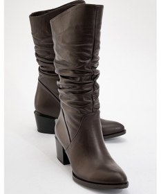 Resim Luvi Shoes Soule Kahverengi Cilt Hakiki Deri Kadın Topuklu Kısa Çizme Kahverengi Deri 