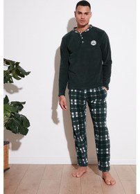 Resim Buratti Ekoseli Regular Fit Düğmeli Bisiklet Yaka Kışlık Polar Erkek Pijama Takımı 60961002 Yeşil 