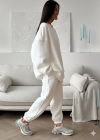 Resim GIA - ART Kadın Double Oversize Eşofman Takımı Basic Beyaz- Bisiklet Yaka, Lastikli Paça, 3 İplik Polar 