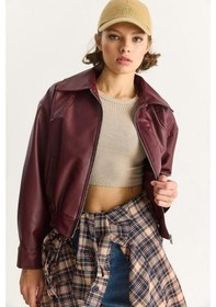 Resim Shade Kadın Oversize Belli Lastikli Suni Deri Bomber Ceket 3128 60283558 - Bordo 