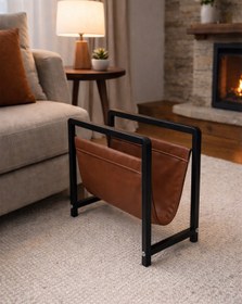 Resim TodekHome Linia Modern Metal Dergilik - Deri Detaylı Dekoratif Gazetelik ve Kitaplık 