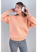 Resim Kadın Cozy İçi Polarlı Somon Basic Bisiklet Yaka Pamuklu Kalın Örme Sweatshirt Somon 