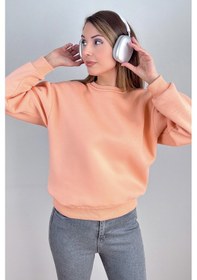 Resim Kadın Cozy İçi Polarlı Somon Basic Bisiklet Yaka Pamuklu Kalın Örme Sweatshirt Somon 