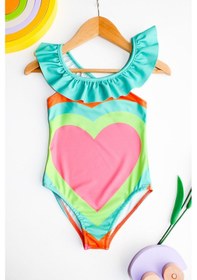 Resim Kız Çocuk Renkli Kalpler Desen Neon Renkler Fırfır Yaka Detaylı Mayo Yeni Sezon Çok Renkli 