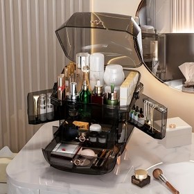 Resim Çok Fonksiyonlu Akrilik Kozmetik Organizatörü - Standalone Masaüstü Makyaj Depolama Kutusu, Cilt Bakımı, Parfüm ve Kozmetikler için Çoklu Bölümler, Dayanıklı Plastik, Güç Gerektirmez, Banyo ve Makyaj Masası Düzeni için Kompakt Tasarım, Makyaj Masası, Şık Görünüm, Şeffaf Bölümler 