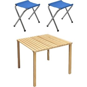 Resim Exent Katlanır Ahşap Kamp Masası + 2 Adet Tabure Seti 60 x 60 CM Çok Renkli 
