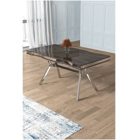 Resim Canisa Pem Serisi 90x160 Lak Panel Antrasit İroni Krom Ayak Masa Takımı 6 Siyah Sandalye Antrasit İroni Masa Siyah Sandalye Ayaklar Krom 
