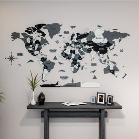 Resim 3D Ahşap Dünya Haritası - Gri, Siyah ve Krem Modern Duvar Dekoru - 100x54 cm / İngilizce 