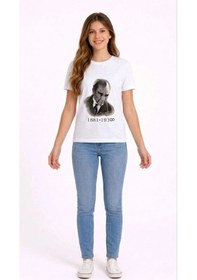 Resim Kız Çocuk Atatürk Baskılı Tişört Kısa Kollu Bisiklet Yaka T-shirt - Beyaz - Çok Renkli 