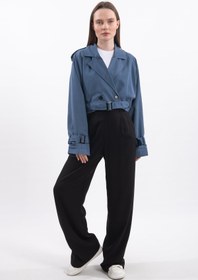 Resim Oversize Kısa Kruvaze Kesim Kemerli Trençkot 7701 - Mavi - Mavi / S 