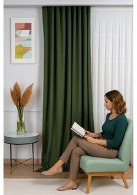 Resim Kadife Dokulu Ada Fon Perde Salon Yatak Odası Yeşil 