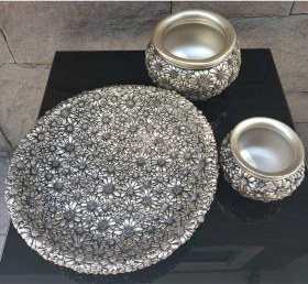 Resim Dekoratif Polyester Üçlü Tabaklı Papatyalı Vazo Seti Gümüş 