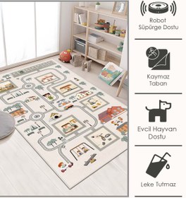 Resim West Home Oyun Halısı Makinede Yıkanabilir Kaymaz Taban Antibakteriyel Yol Desenli Çocuk Halısı 