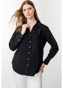 Resim Ekol Kadın Büyük Beden Polo Yaka Gül Nakışlı Cepli Gömlek 3504 Siyah Siyah 