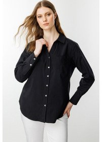 Resim Ekol Kadın Büyük Beden Polo Yaka Gül Nakışlı Cepli Gömlek 3504 Siyah Siyah 