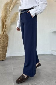 Resim Kemer Aksesuarlı Paça Katlama Detaylı Tesettür Kumaş Pantolon Lacivert TZL-P-00021216 
