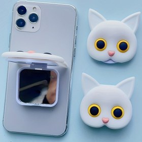 Resim Oynak, Sevimli Karikatür Kedi Silikon Telefon Tutucu ve Makyaj Aynası - Hava Yastıklı Masaüstü Standı, Siyah & Beyaz Kedi Tasarımı Aksesuar 
